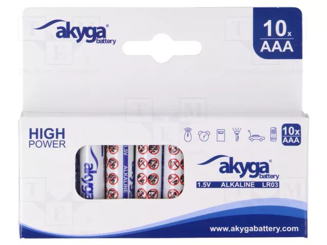 Battery: alkaline; AAA,R3; 1.5V; non-rechargeable; 10pcs. AKYGA BATTERY BAT-AAA/A-BOX10