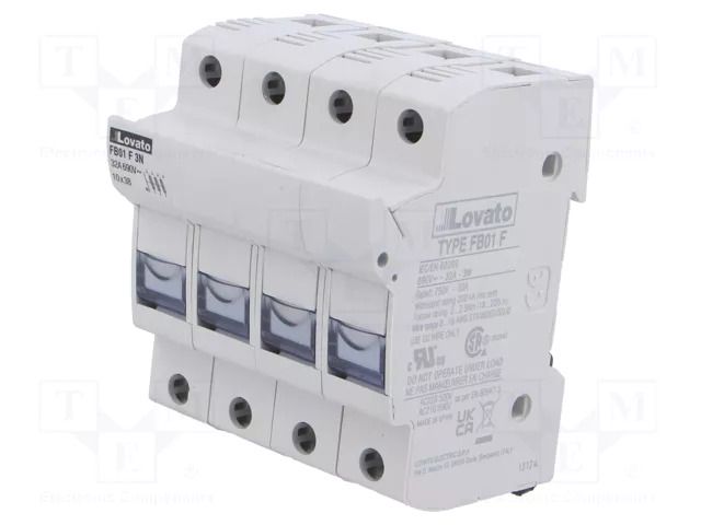 Fuse base; 10x38mm; for DIN rail mounting; 32A; 690VAC; Poles: 3+N LOVATO ELECTRIC FB01F3N