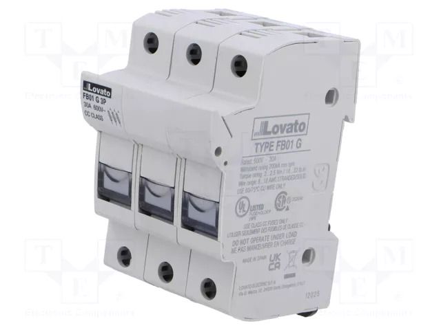 Fuse base; 10x38mm; for DIN rail mounting; 30A; 600VAC; Poles: 3 LOVATO ELECTRIC FB01G3P