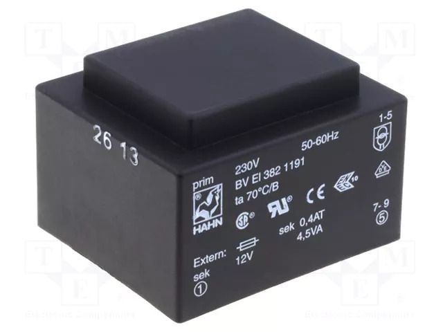 Transformer: encapsulated; 4.5VA; 230VAC; 12V; 375mA; PCB; BVEI HAHN BVEI3821191
