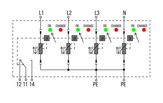 Viršįtampių ribotuvas, Žemos įtampos, su nuotoliniu kontaktu, TN-C-S, TN-S VPU I 4 R 280V/12,5KA 1352190000 4050118158069