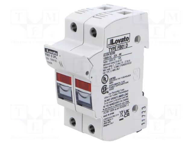 Fuse base; 10x38mm; for DIN rail mounting; 32A; Poles: 2; 1kVDC LOVATO ELECTRIC FB01D2PL