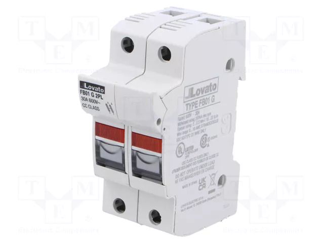 Fuse base; 10x38mm; for DIN rail mounting; 30A; 600VAC; Poles: 2 LOVATO ELECTRIC FB01G2PL