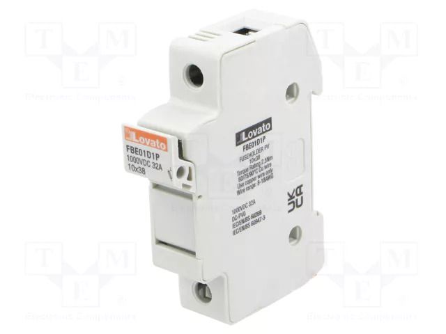 Fuse base; 10x38mm; for DIN rail mounting; 32A; Poles: 1; 1kVDC LOVATO ELECTRIC FBE01D1P