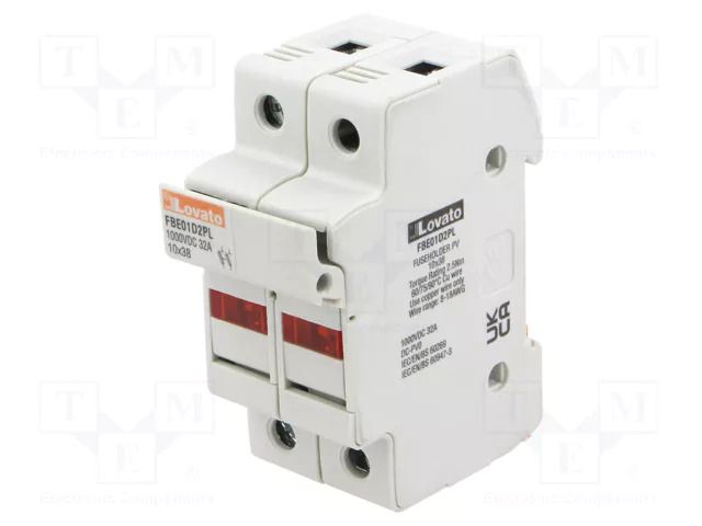 Fuse base; 10x38mm; for DIN rail mounting; 32A; Poles: 2; 1kVDC LOVATO ELECTRIC FBE01D2PL
