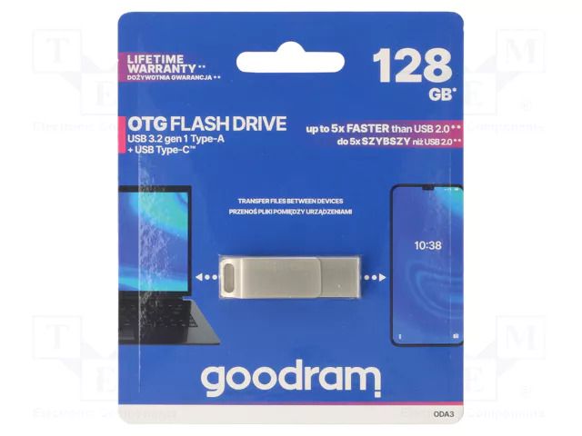 Pendrive; USB 3.2; 128GB; R: 60MB/s; W: 20MB/s; silver; USB A,USB C GOODRAM ODA3-1280S0R11