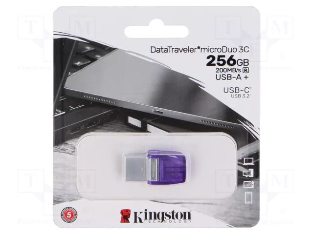 Pendrive; USB 3.2 Gen 1; 256GB; R: 200MB/s; violet; USB A,USB C KINGSTON TECHNOLOGY DTDUO3CG3/256GB