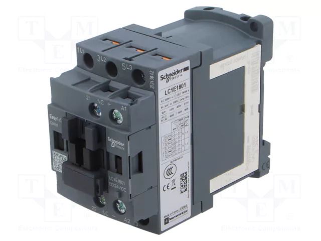 Contactor: 3-pole; NO x3; Auxiliary contacts: NC; 24VDC; 18A; 690V SCHNEIDER ELECTRIC LC1E1801BD