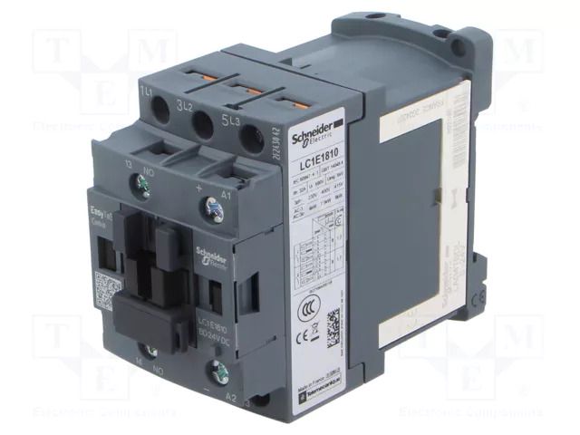 Contactor: 3-pole; NO x3; Auxiliary contacts: NO; 24VDC; 18A; 690V SCHNEIDER ELECTRIC LC1E1810BD