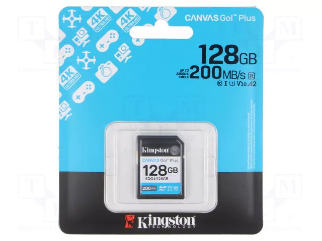 Memory card; microSD; R: 200MB/s; W: 100MB/s; Class 10 UHS I U3 KINGSTON TECHNOLOGY SDG4/128GB