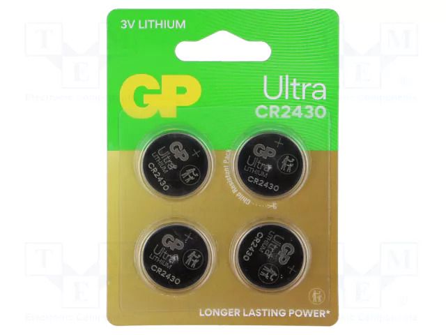 Battery: lithium; CR2430,coin; 3V; 300mAh; non-rechargeable; 4pcs. GP BAT-CR2430/GPUL-B4