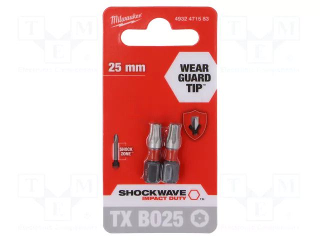 Screwdriver bit; Torx® with protection; T25H; Kind: impact; 2pcs. Milwaukee MW-4932471583