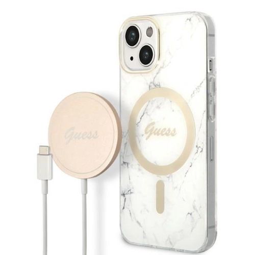 Set Guess GUBPP14MHMEACSH Case+ Charger iPhone 14 Plus 6.7" white/white hard case Marble MagSafe, Guess 3666339103194 3666339103194