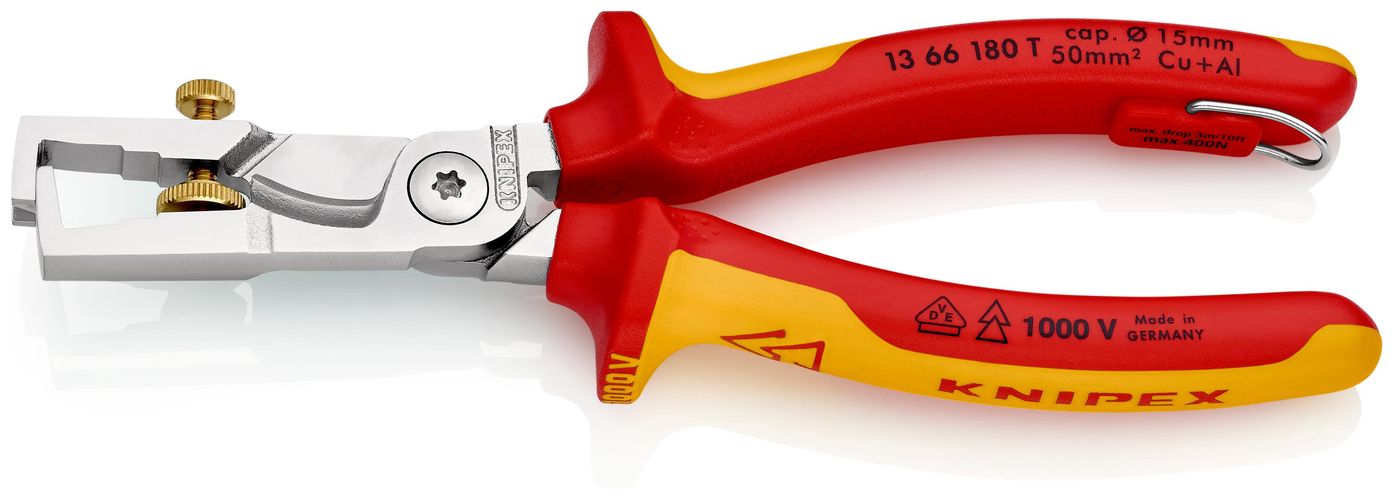 KNIPEX 13 66 180 T StriX® Insulation strippers with cable shears insulated with multi-component grips, VDE-tested with integrated insulated tether attachment point for a tool tether chrome-plated 180 mm 13 66 180 T 4003773081906