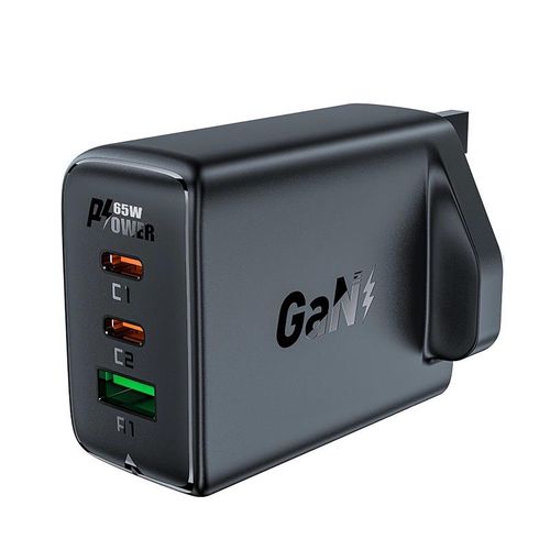 Acefast charger GaN 65W 3 ports (1xUSB, 2xUSB C PD) UK plug black (A44), Acefast 6974316281795 6974316281795