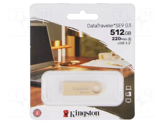 Pendrive; USB 3.2 Gen 1; 512GB; R: 220MB/s; W: 100MB/s; golden KINGSTON TECHNOLOGY DTSE9G3/512GB