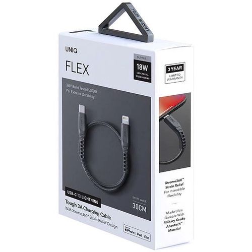 Uniq Flex USB-C / Lightning 18W nylon cable 30 cm - gray, UNIQ 8886463671207 8886463671207