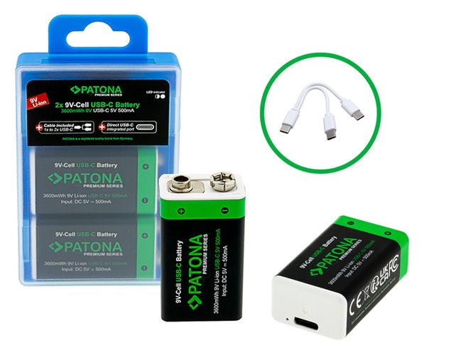 PATONA Premium USB-C 2x 9 Volt block batteries 6F22 Lithium 3600mWh 1.5V rechargeable with 1 to 2 USB-C charging cable, PATONA 1413 4055655239783