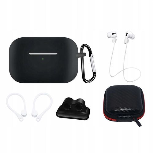Silicone Case Set for AirPods Pro 2 / AirPods Pro 1 + Case / Ear Hook / Neck Strap / Watch Strap Holder / Carabiner - black, Hurtel 5907769354984 5907769354984
