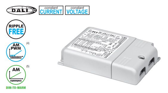 32W CC+CV LED supply, with DIP switches: 250-700mA, 12V (900mA), 24V (830mA); controlled by AM (1-10V), PUSH, DALI 151424