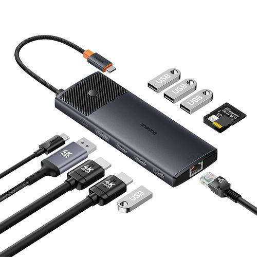 USB HUB 11in1 Baseus Metal Gleam Series II USB-A/USB-C PD/HDMI/DP/RJ45/SD/TF - black, Baseus 6932172643300 6932172643300