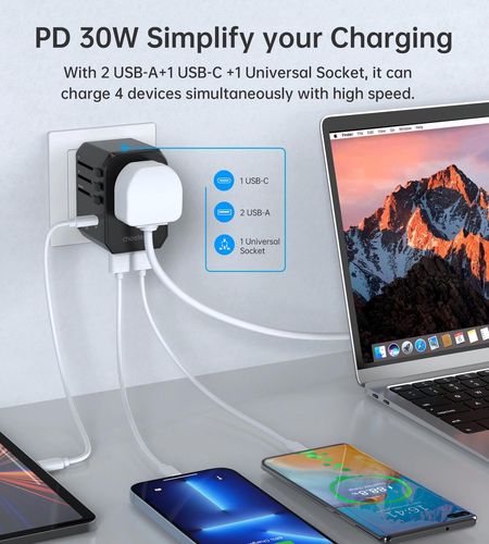 Choetech PD6041 USB-C USB-A PD 30W Travel Charger with 4 Plugs USA EU UK AU - Black, Choetech 6932112106193 6932112106193