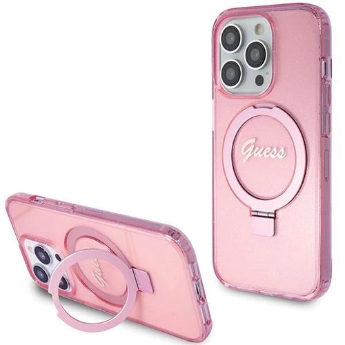 Guess Ring Stand Script Glitter MagSafe case for iPhone 15 Pro - pink, Guess 3666339156480 3666339156480