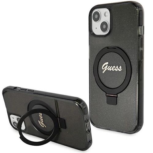 Guess Ring Stand Script Glitter MagSafe Case for iPhone 15 Plus / 14 Plus - Black, Guess 3666339156336 3666339156336
