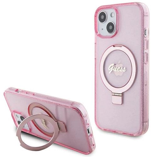 Guess Ring Stand Script Glitter MagSafe case for iPhone 15 Plus / 14 Plus - pink, Guess 3666339156473 3666339156473