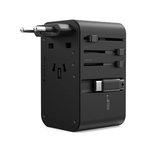 Choetech PD5022 70W EU/US/AUS/UK Travel Adapter with Built-in USB-C Cable - Black, Choetech 6932112106896 6932112106896