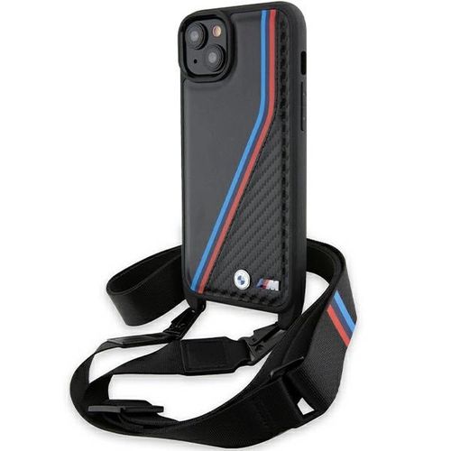 BMW M Edition Carbon Tricolor Lines &amp; Strap case for iPhone 15 Plus / 14 Plus - black, BMW 3666339235666 3666339235666