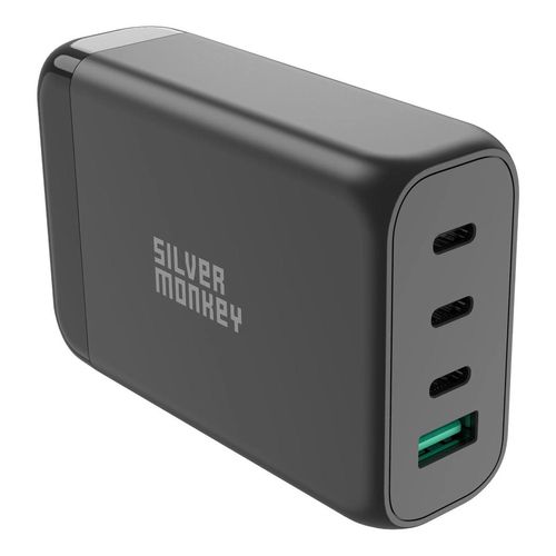 Silver Monkey SMA151 130W GaN charger 3xUSB-C PD USB-A QC 3.0 with detachable power cable - black, Silver Monkey SMA151 SMA151