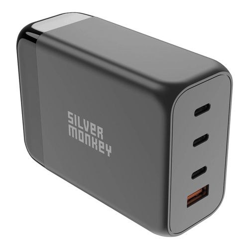 Silver Monkey SMA155 200W GaN charger 3xUSB-C PD USB-A QC 3.0 with detachable power cable - black, Silver Monkey SMA155 SMA155