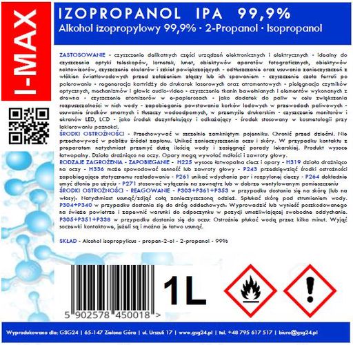 Isopropyl alcohol Isopropanol IPA I-MAX 99.9% 1L, GSG24 I-MAX-1L I-MAX-1L