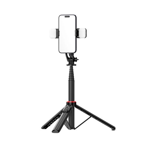Selfie stick WC12YDS 1.3m aluminum alloy telescopic tripod with dual lamp and phone holder - black, Hurtel 5907769360633 5907769360633
