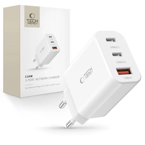 Tech-Protect NC30W charger 2x USB-C PD 30W / USB-A QC 3.0 - white, Tech-Protect 5906302301058 5906302301058