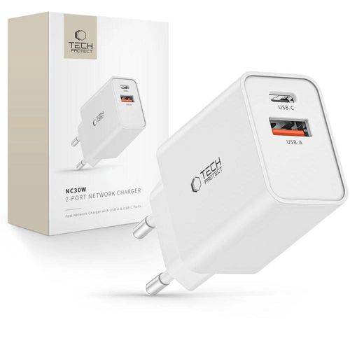 Tech-Protect NC30W USB-C PD 30W / USB-A QC 3.0 charger - white, Tech-Protect 5906302300990 5906302300990