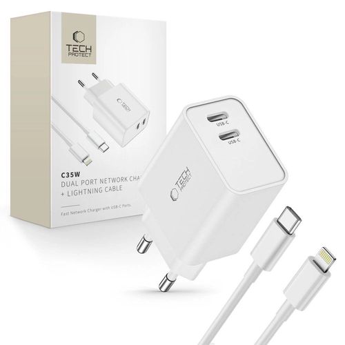 Tech-Protect C35W 2x USB-C PD 35W Wall Charger with USB-C / Lightning Cable - White, Tech-Protect 5906203694877 5906203694877