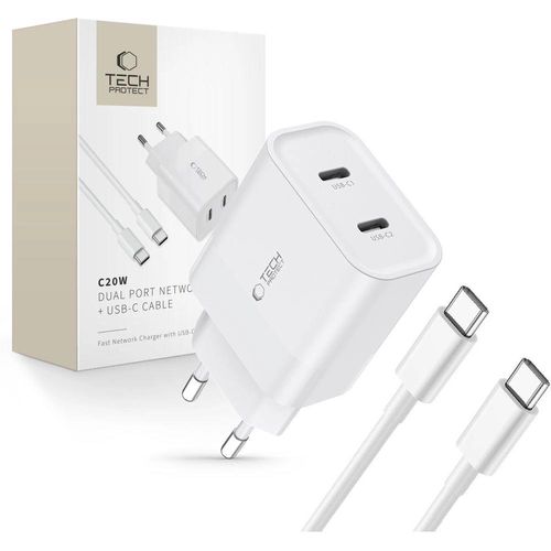 Tech-Protect C20W 2x USB-C PD 20W charger with USB-C / USB-C cable - white, Tech-Protect 5906203695775 5906203695775