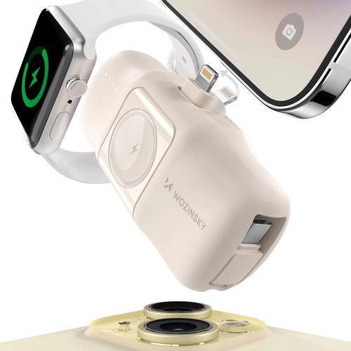 Wozinsky WF16-YLS 5000mAh 15W Lightning Mini Power Bank with Built-in USB-C Cable and Apple Watch Charger - Beige, Wozinsky 5907769364570 5907769364570