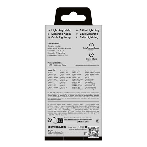 SBS TECABLEUSBIP589W USB-A - Lightning Cable - White, SBS TECABLEUSBIP589W TECABLEUSBIP589W