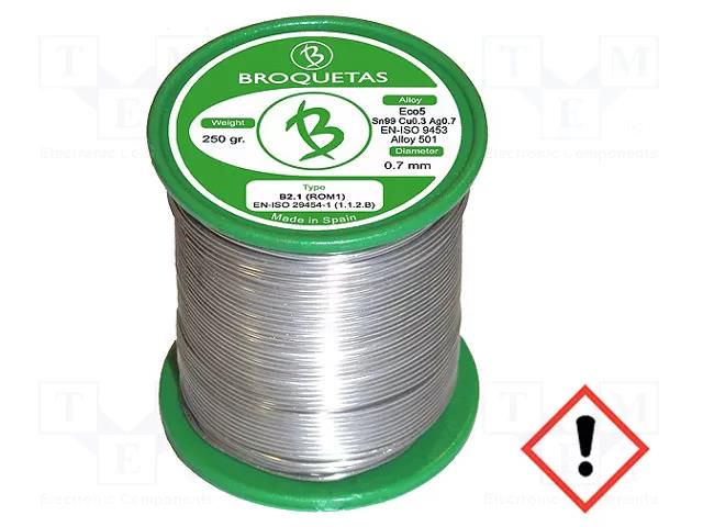 Tin; lead free; Sn99Ag0,3Cu0,7; 0.7mm; 0.25kg; reel; 217÷227°C BROQUETAS ECO5-07/025H