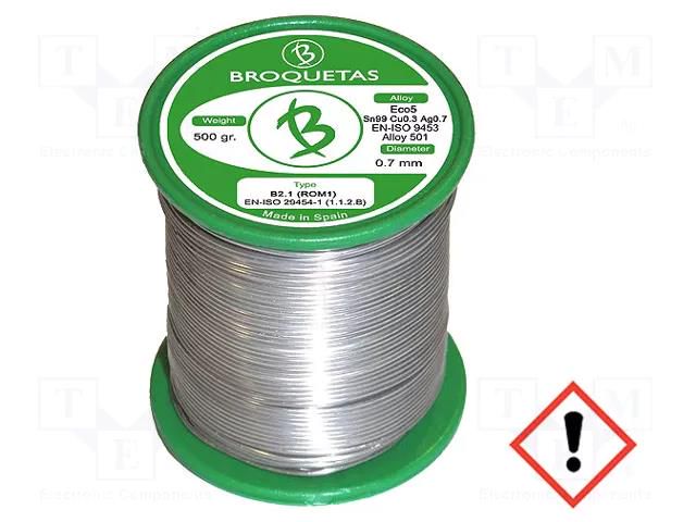 Tin; lead free; Sn99Ag0,3Cu0,7; 0.7mm; 0.5kg; reel; 217÷227°C BROQUETAS ECO5-07/05H