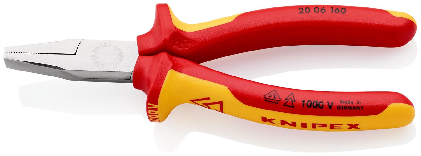 KNIPEX 20 06 160 Flat Nose Pliers insulated with multi-component grips, VDE-tested chrome-plated 160 mm 20 06 160 4003773033783