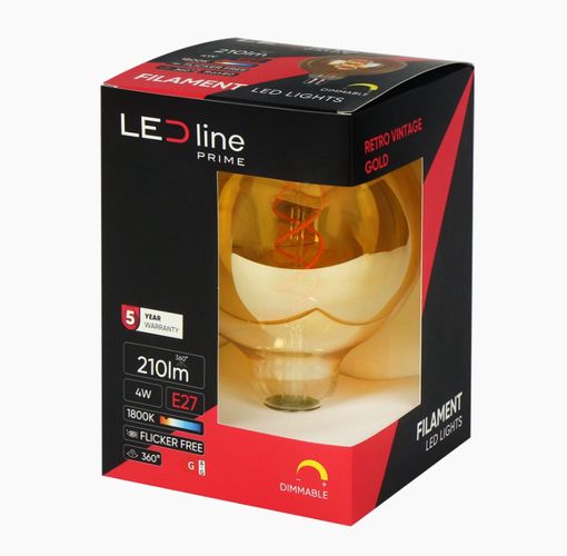 LED lemputė E27 G125 230V 4W 210lm, gintarinė balta 1800K, RETRO VINTAGE GOLD, pritemdoma, LED line PRIME 202375