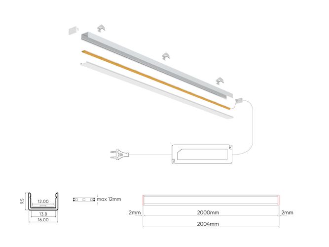 LED profilio komplektas, 2m, paviršinis, baltas, su baltu dangteliu, laikikliais ir aklėmis 203624 5905378203624