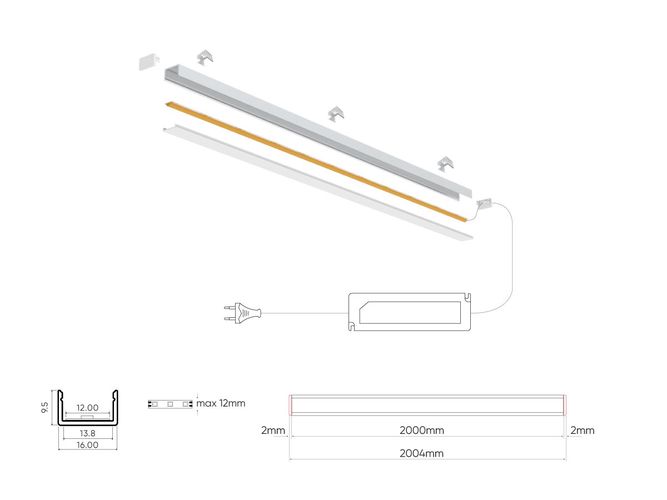 LED profilio komplektas, 2m, paviršinis, anoduotas, su baltu dangteliu, laikikliais ir aklėmis 203617 5905378203617