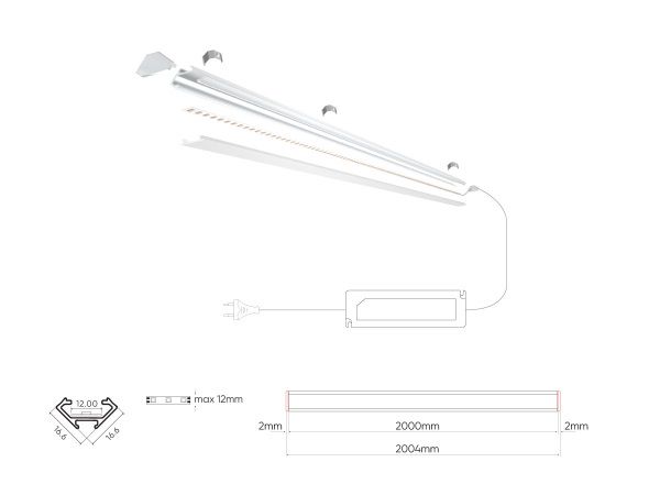 LED profilio komplektas, 2m, kampinis, anoduotas, su baltu dangteliu, laikikliais ir aklėmis 203648 5905378203648