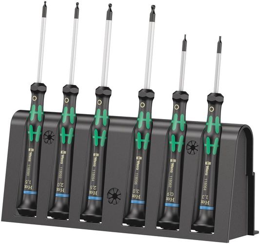 2052/6 Hexagon screwdriver set and rack for electronic applications, 1 x 1.5x60; 1 x 2.0x60; 1 x 2.5x60; 1 x 3.0x60; 1 x 0.9x40; 1 x 1.3x40, Wera 05118156001