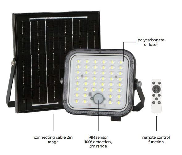 LED floodlight with solar panel and motion sensor LUNIR, 1400lm, 4000mAh, 4000K, 100° 211339 5905378211339